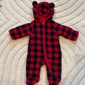 The Children's Place Plaid Red and Black Fleece Bunting with Bear Ears